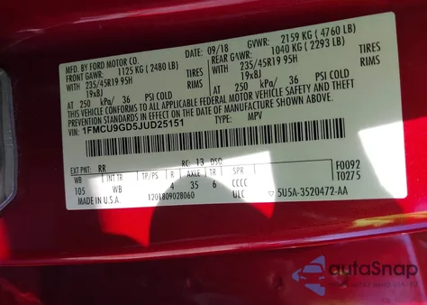 2018 Ford Escape Se из США, поврежденный, VIN 1FMCU9GD5JUD25151